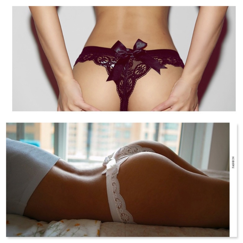 Bow Detail Lace Low Rise Thongs Black or White - Picture 5 of 16